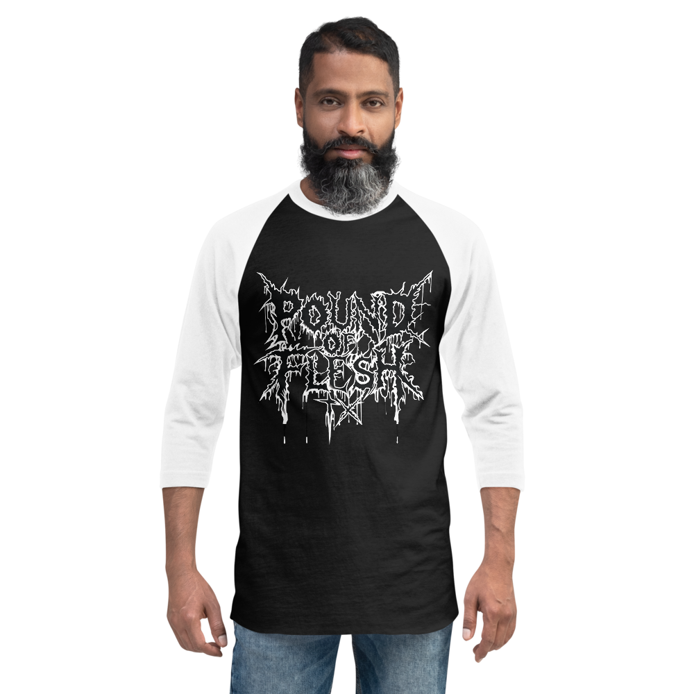 Man wearing a black shirt with white 3/4 sleeves with the new Pound of Flesh TX logo outlined in white on the front.